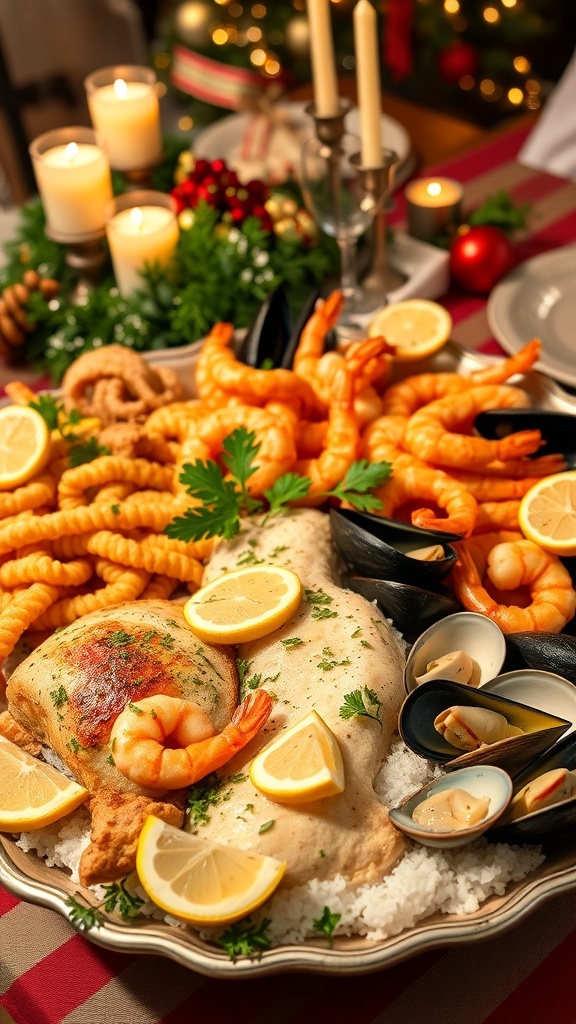 A festive platter of the Feast of the Seven Fishes with various seafood dishes, garnished with parsley and lemon, on a decorated Christmas table.